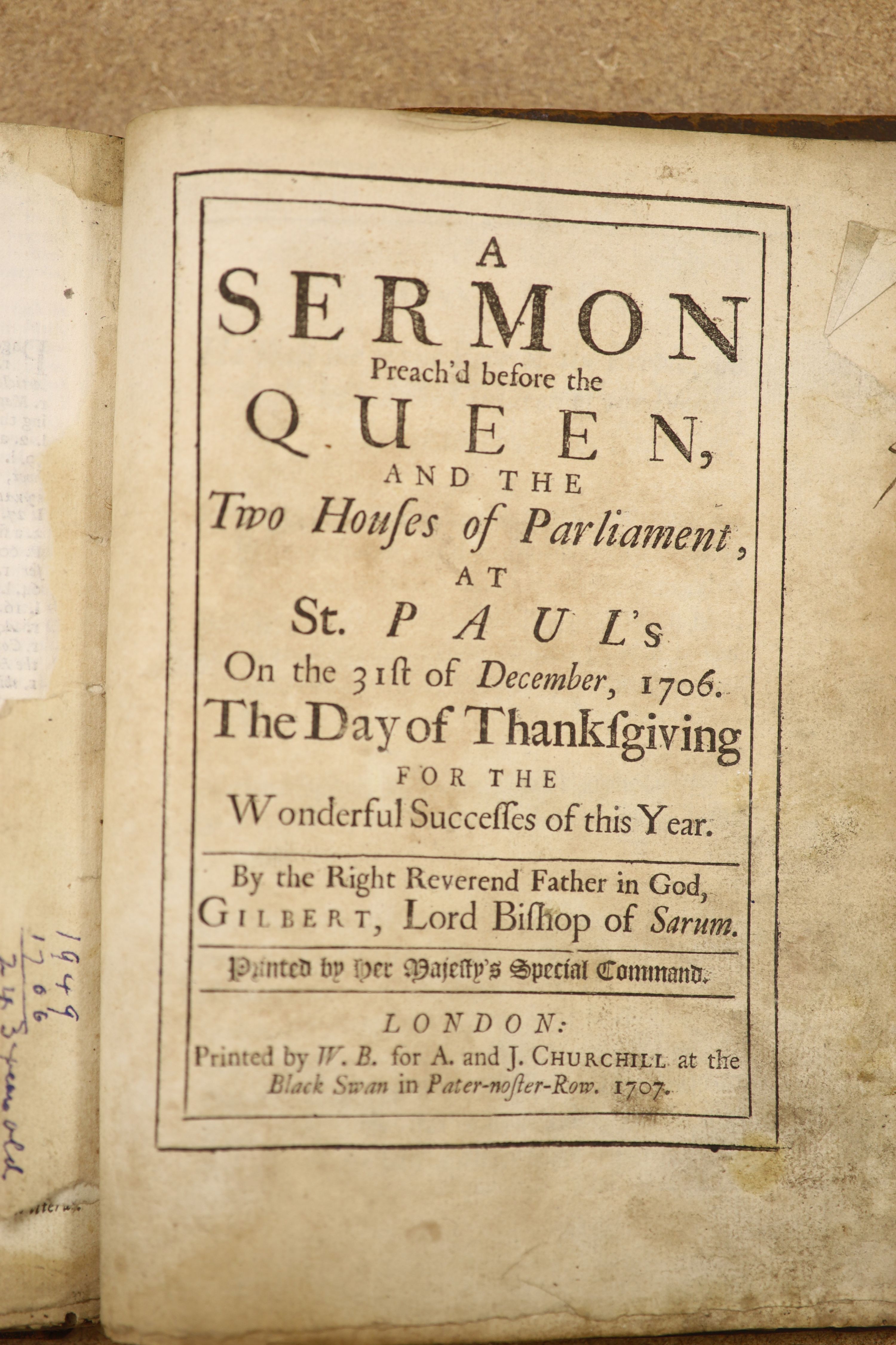 A leather bound volume of 17th / 18th century pamphlets, including a 1706 book on The Funeral Sermon of the late Mr Francis G......